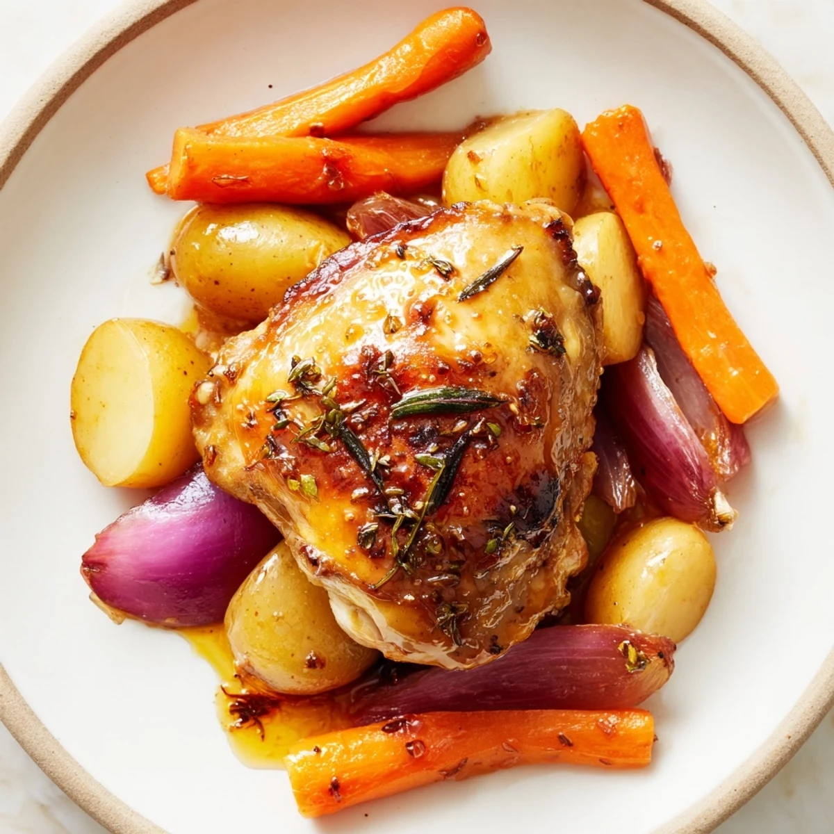 Savory and sweet Maple Dijon Chicken Thighs nestled with carrots and potatoes, inviting and flavorful.