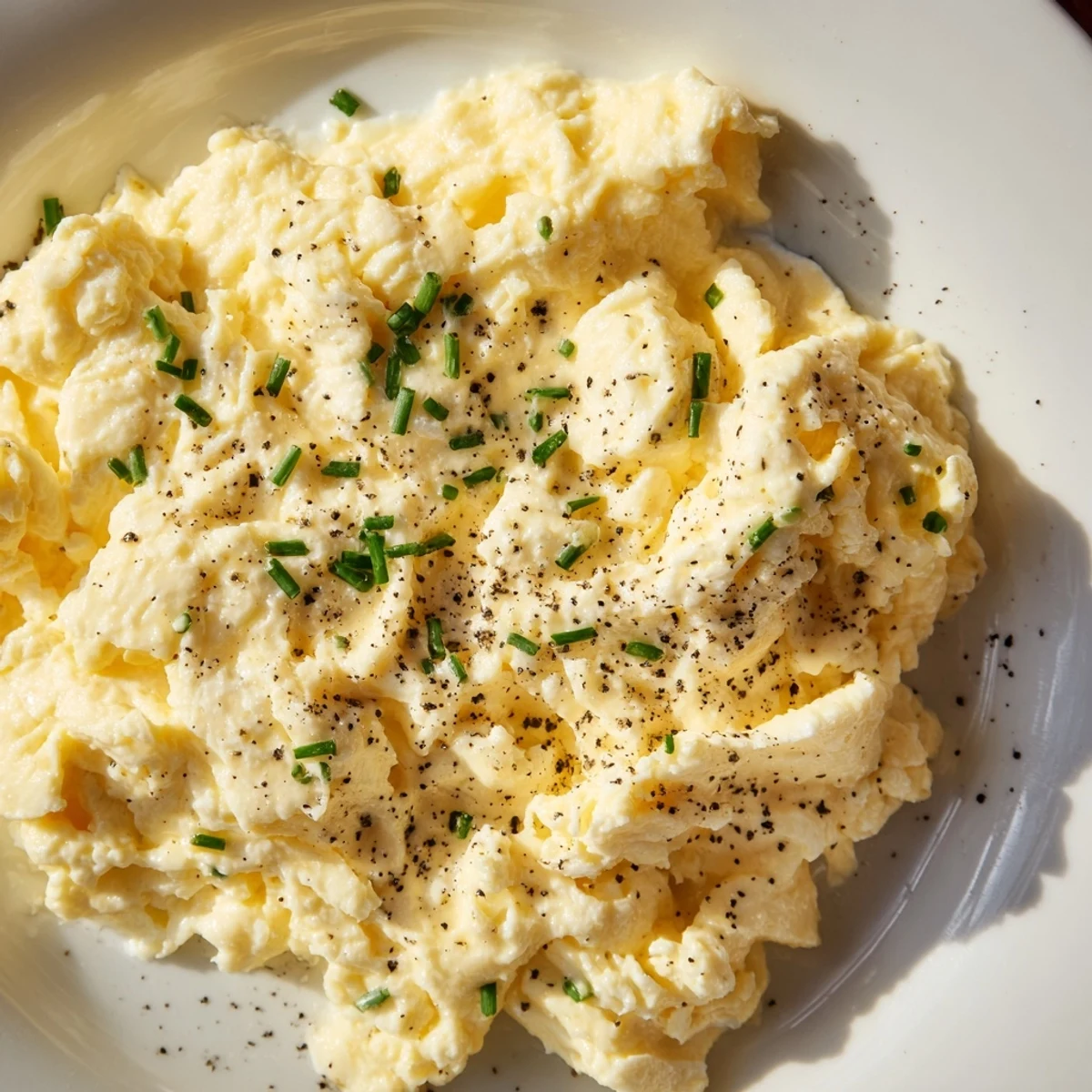Fluffy Cottage Cheese Scrambled Eggs with chives served on a white plate ready to eat.