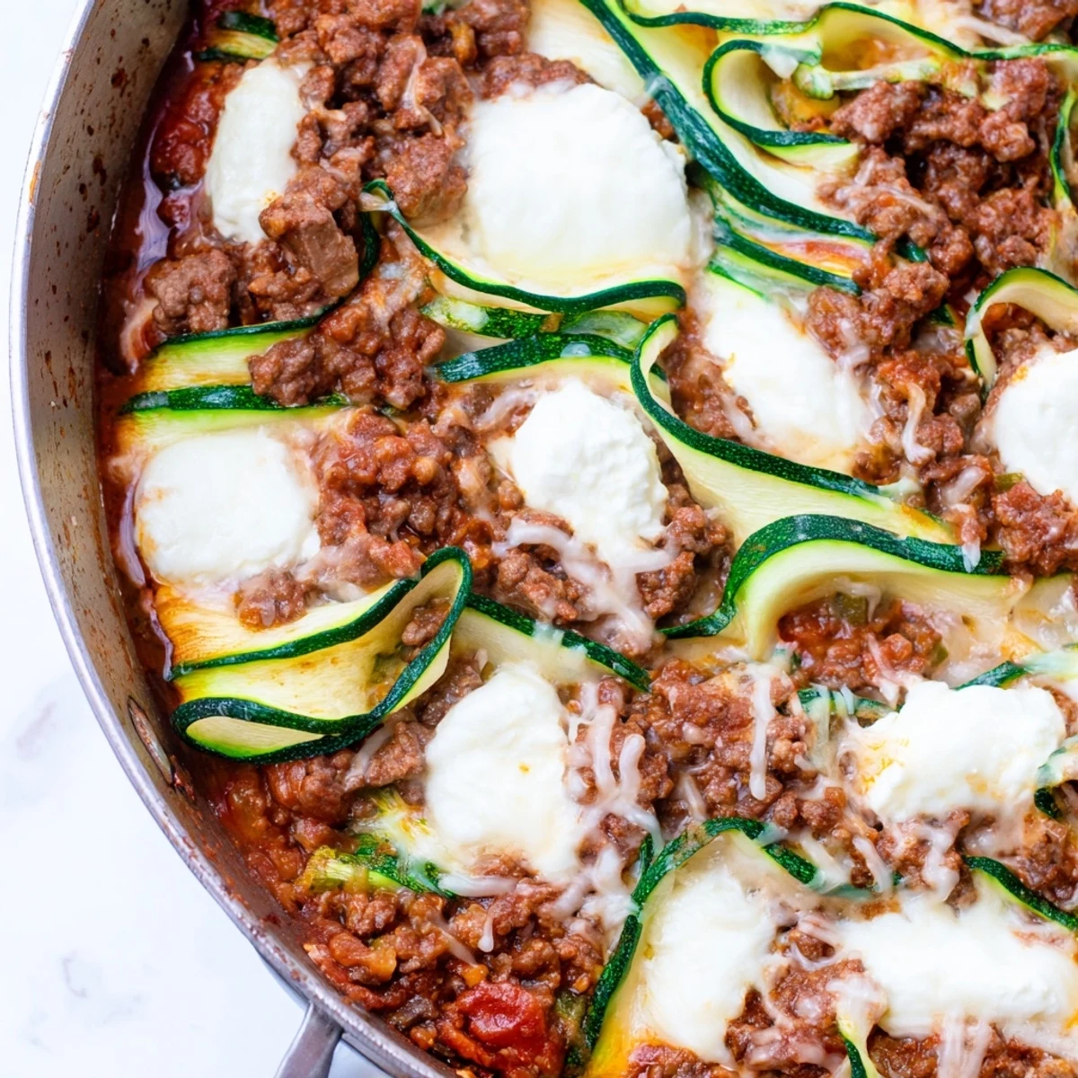Zucchini Lasagna Skillet bubbling with melted mozzarella and showcasing tender zucchini ribbons, a comfort meal.
