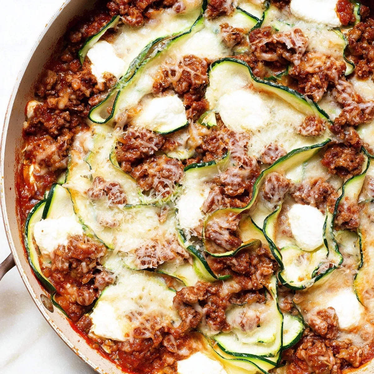 This low-carb Zucchini Lasagna Skillet features layers of savory beef, creamy ricotta, and bubbling cheese, delicious.