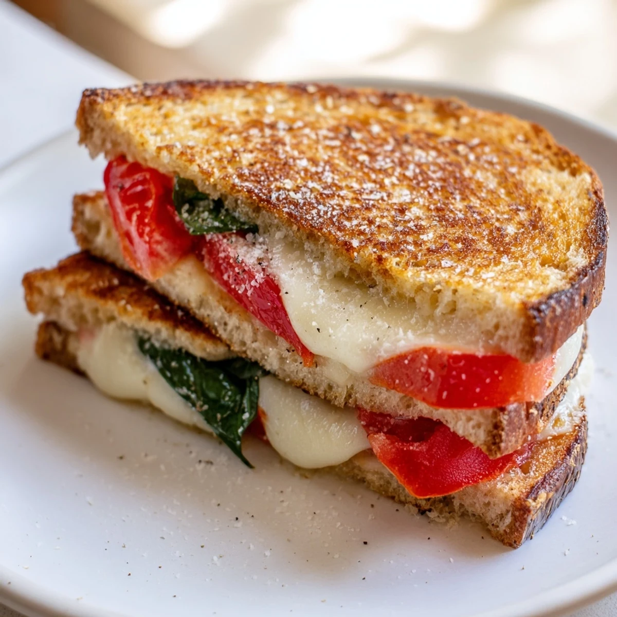 Warm Tomato Basil Grilled Cheese, showcasing juicy tomato and basil between toasted, buttery bread slices.