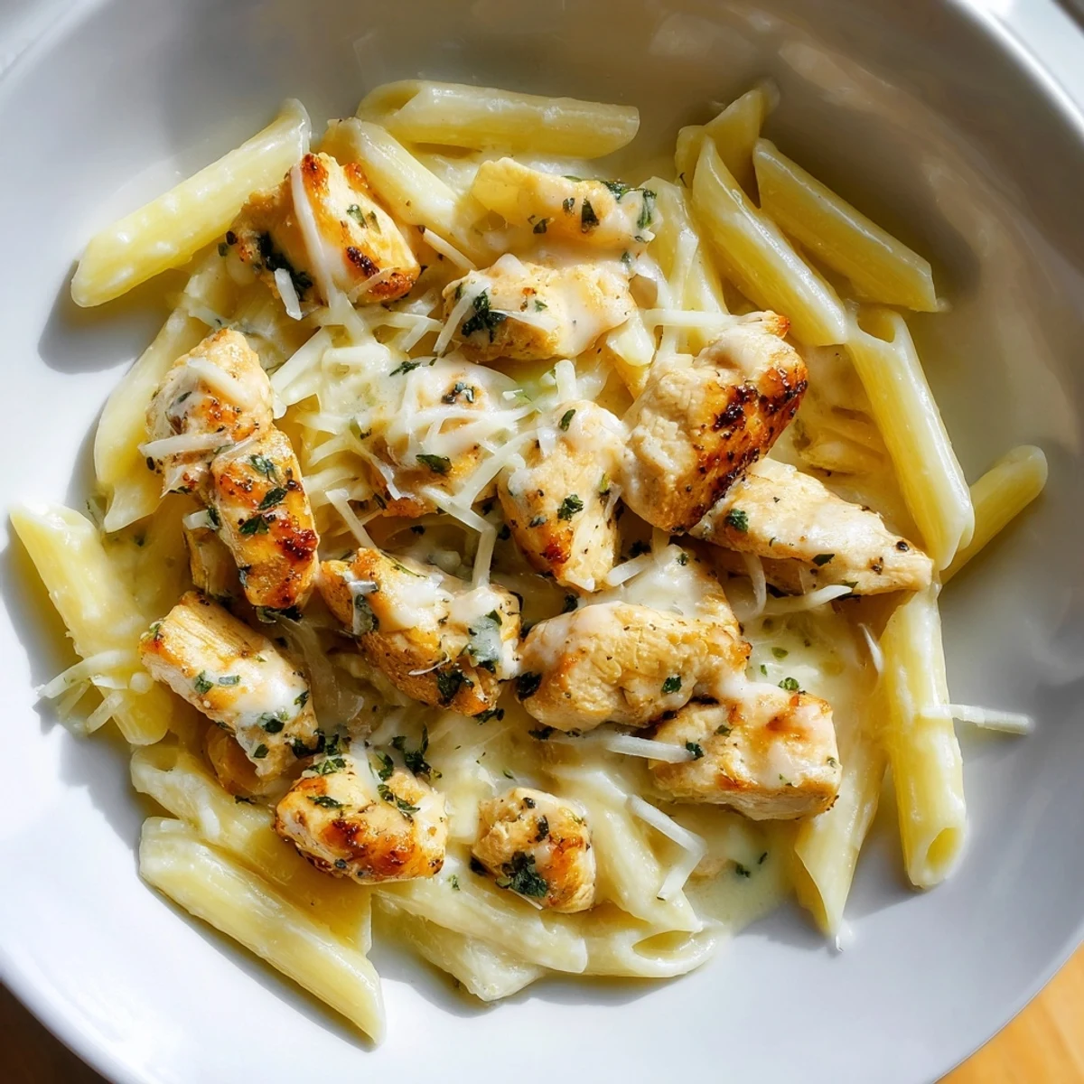 Savor the deliciousness of this Quick Garlic Parmesan Chicken Pasta, featuring creamy sauce and tender chicken bites.