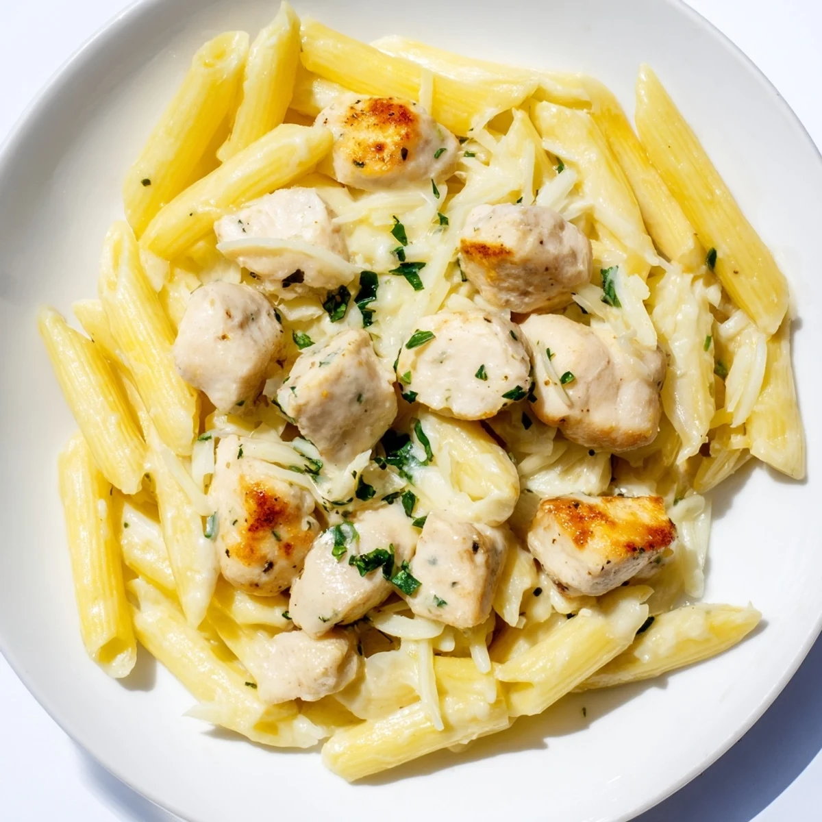 This photo features Quick Garlic Parmesan Chicken Pasta, a comforting, one-pan meal, ready in just 30 minutes.