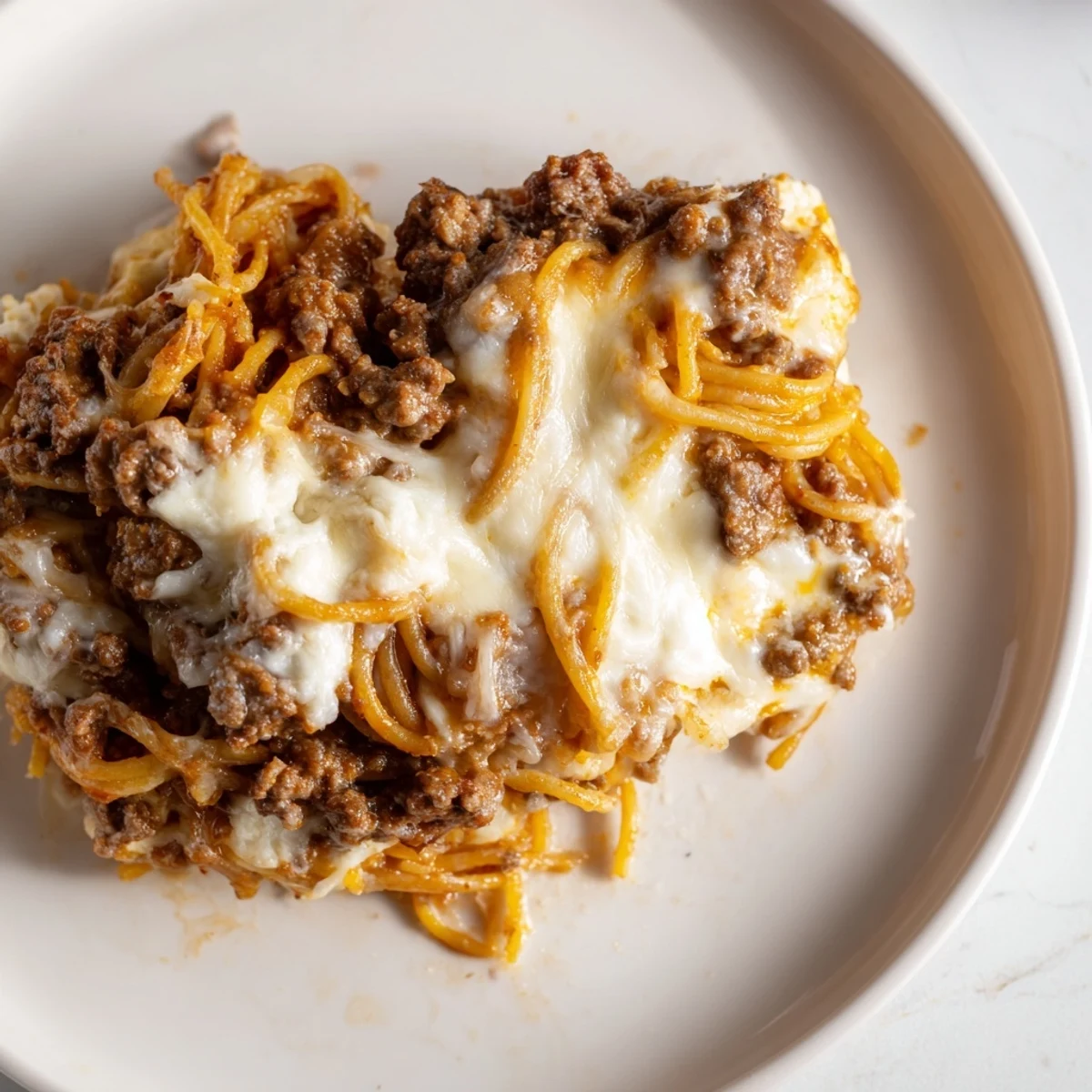 Golden, bubbly Million Dollar Spaghetti, a hearty baked casserole, with a cheesy, irresistible fragrance.