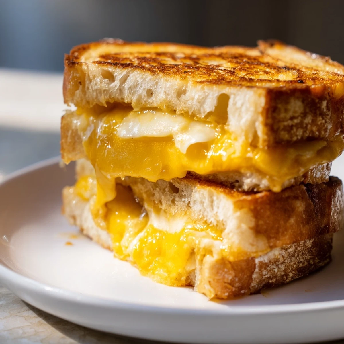 A close-up shot of a comforting mayo grilled cheese, showcasing the melted cheese pull and crispy bread slices.