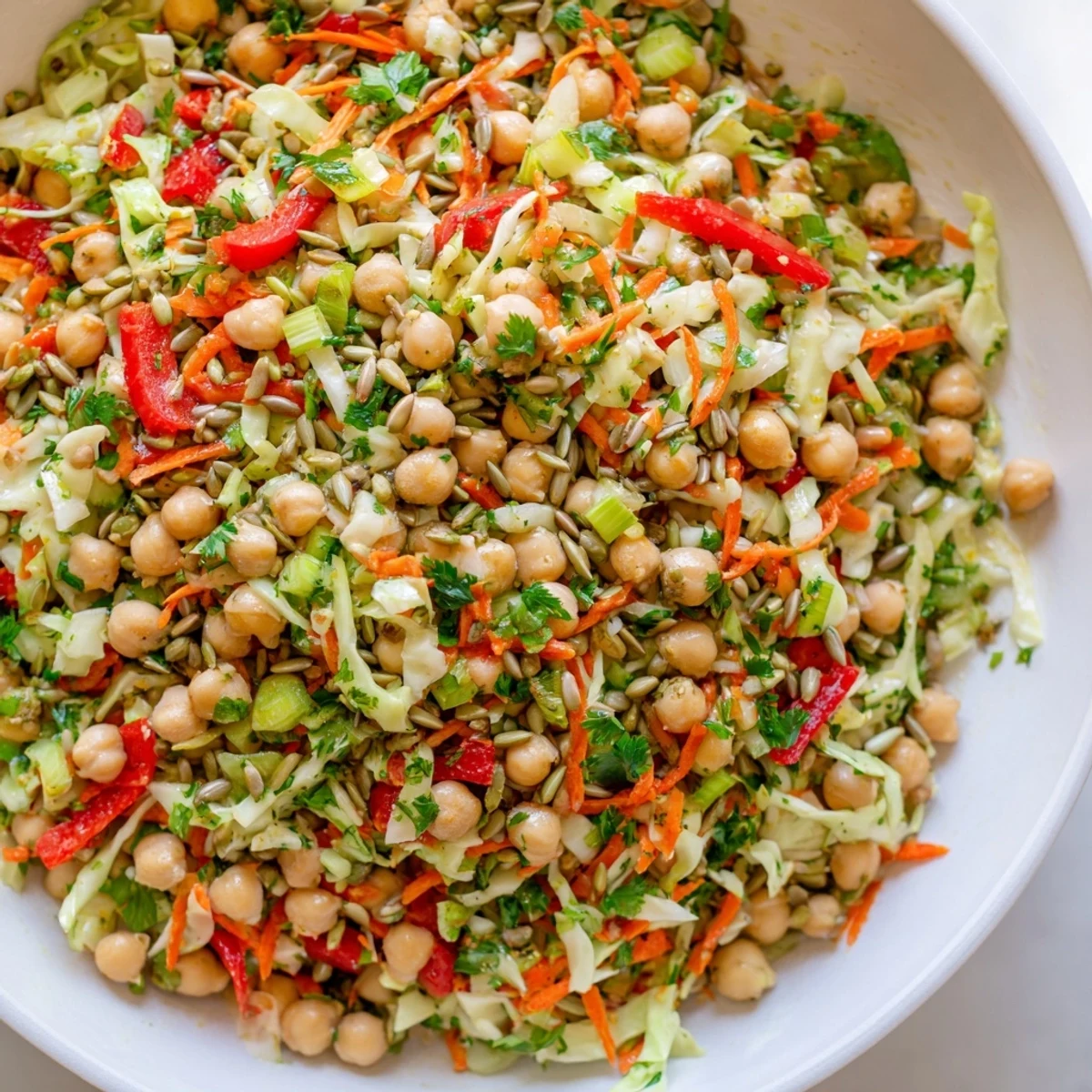 Creamy Fiber-Forward Chickpea Salad showcasing vibrant veggies, perfect for a healthy lunch idea.