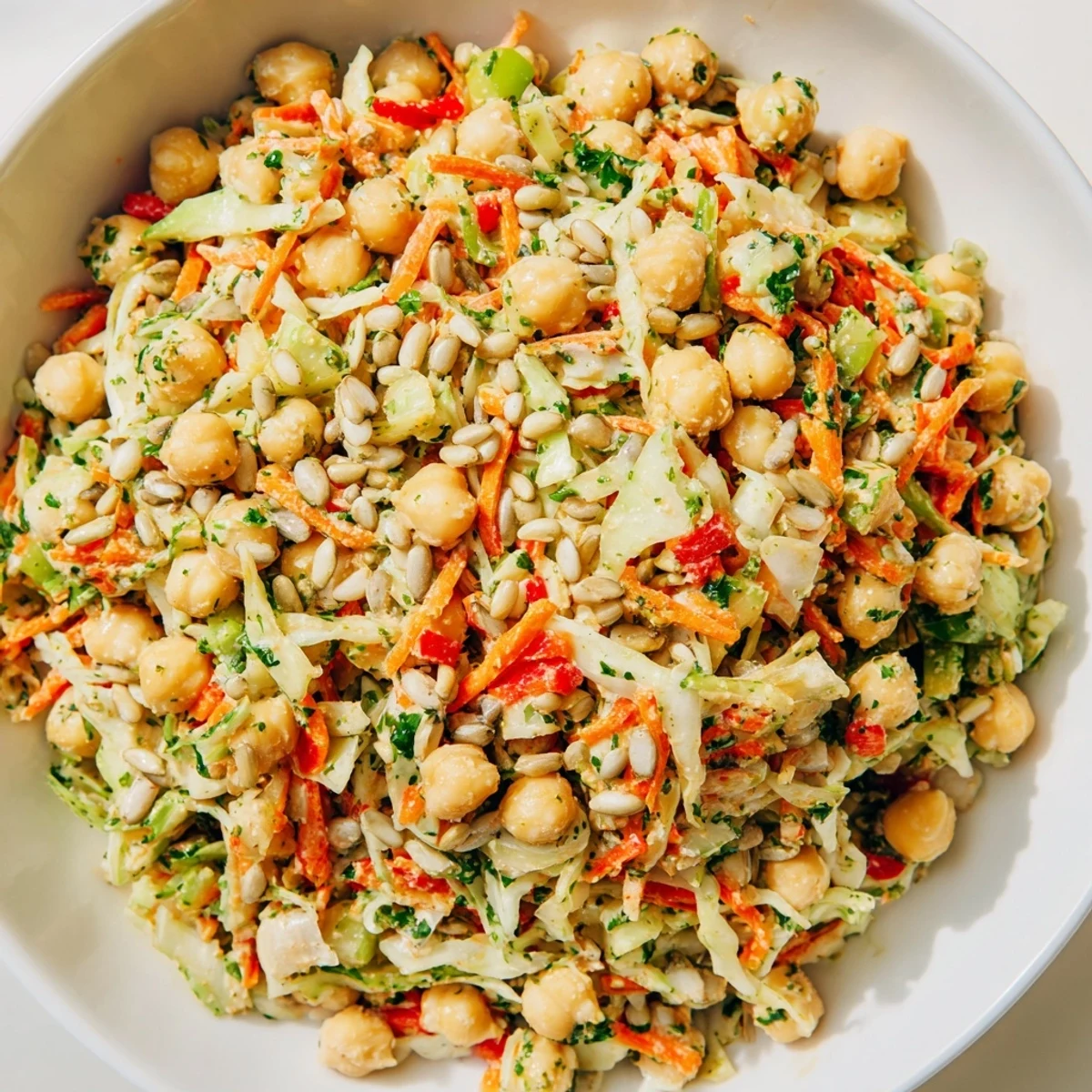 Freshly tossed Fiber-Forward Chickpea Salad, featuring crunchy cabbage and carrots, ready to enjoy.