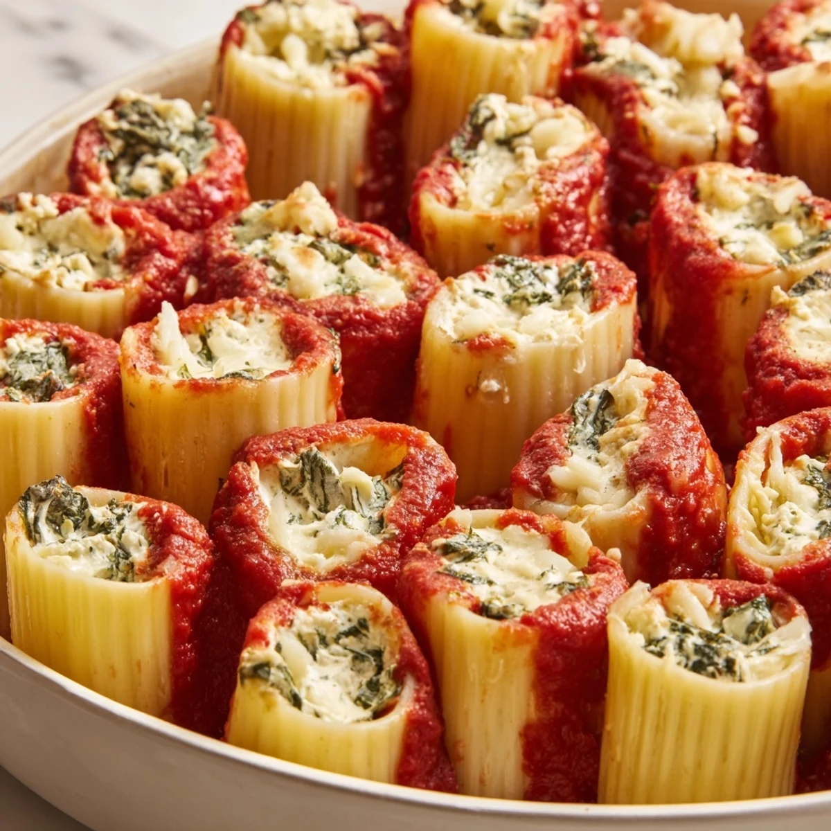 Upright rigatoni tubes create stunning Honeycomb Pasta Bake, filled with creamy cheese and baked to perfection.