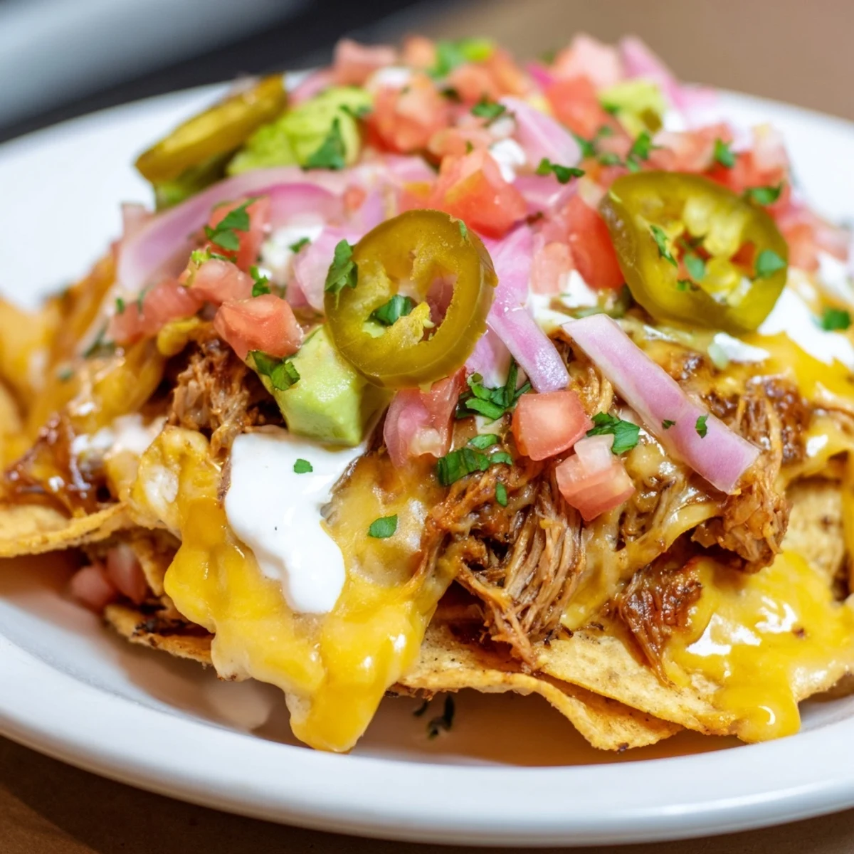 Warm, cheesy Loaded Nachos with juicy pulled pork and fresh toppings, ready to enjoy.
