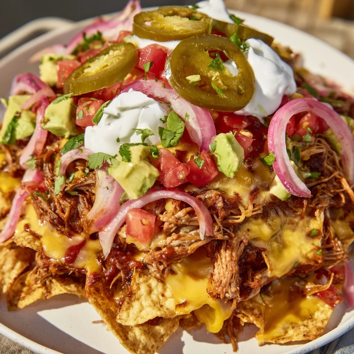Melting cheese blankets crispy tortilla chips under savory pulled pork, making delicious Loaded Nachos.