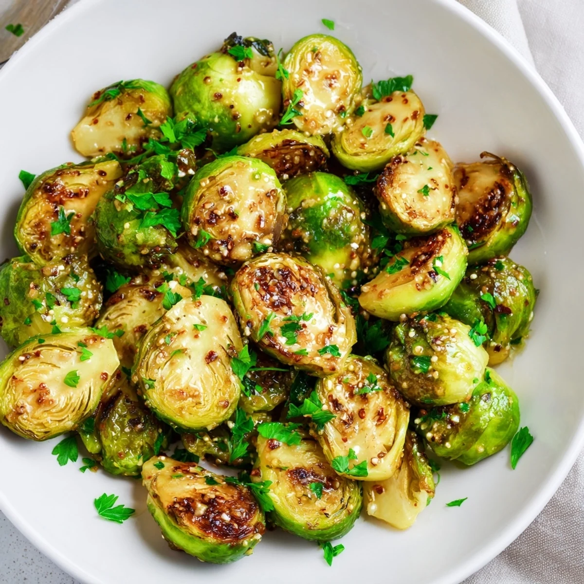 Perfectly glazed honey mustard Brussels sprouts, a colorful side, roasted to crispy perfection.