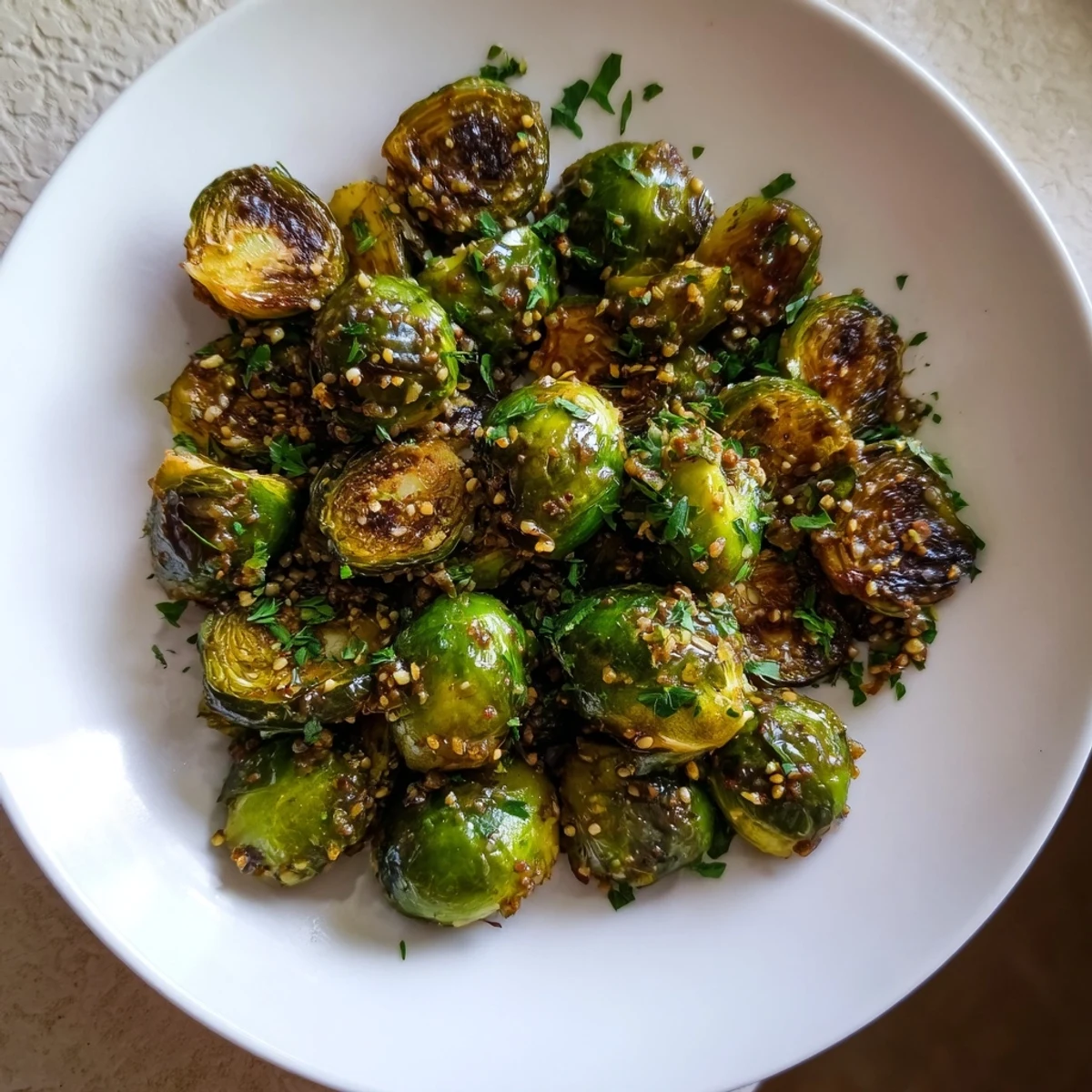 Golden-brown honey mustard glazed Brussels sprouts, savory and sweet, ready to be served.