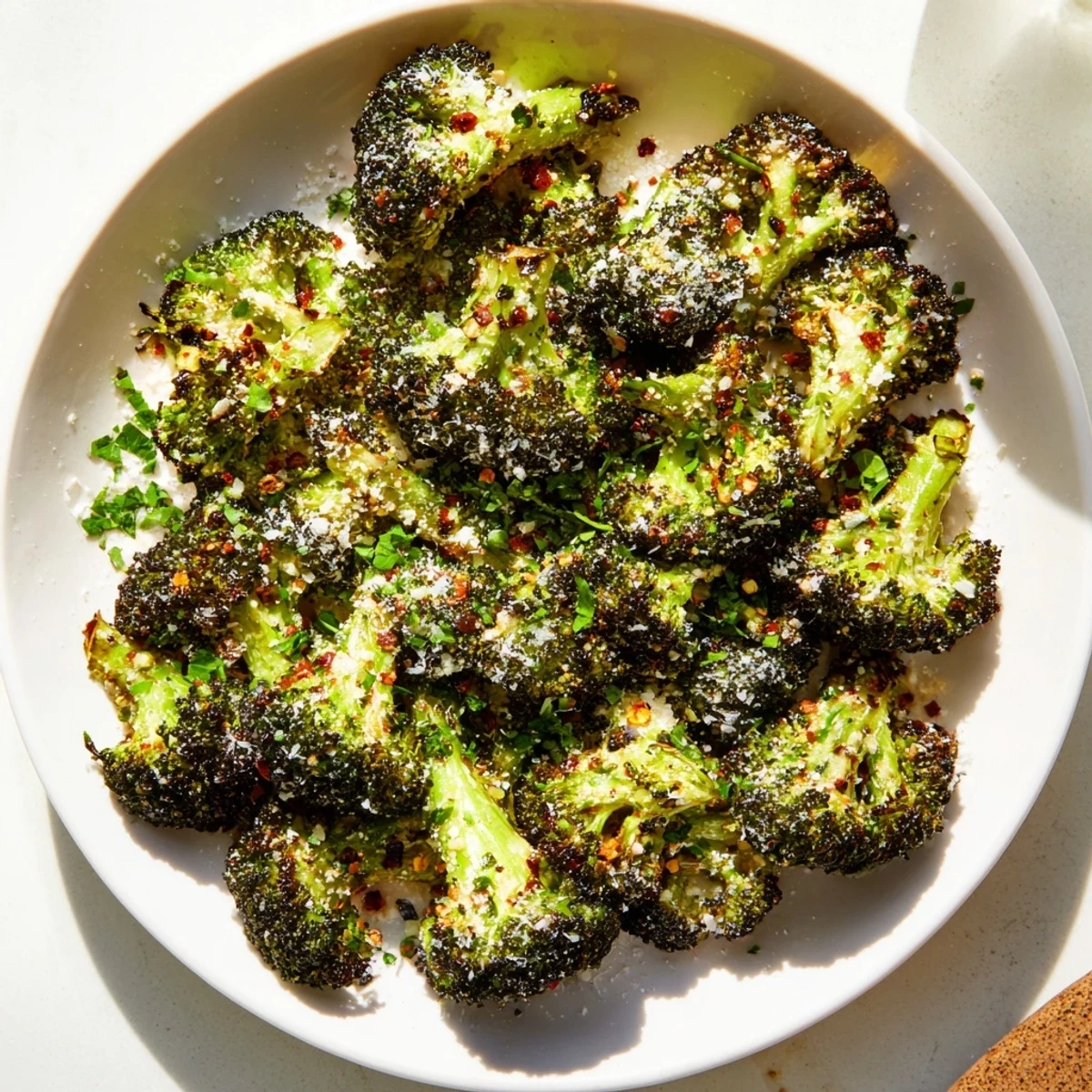 Golden, crispy Garlic Parmesan Roasted Broccoli, ready to serve with extra cheese and fresh parsley.