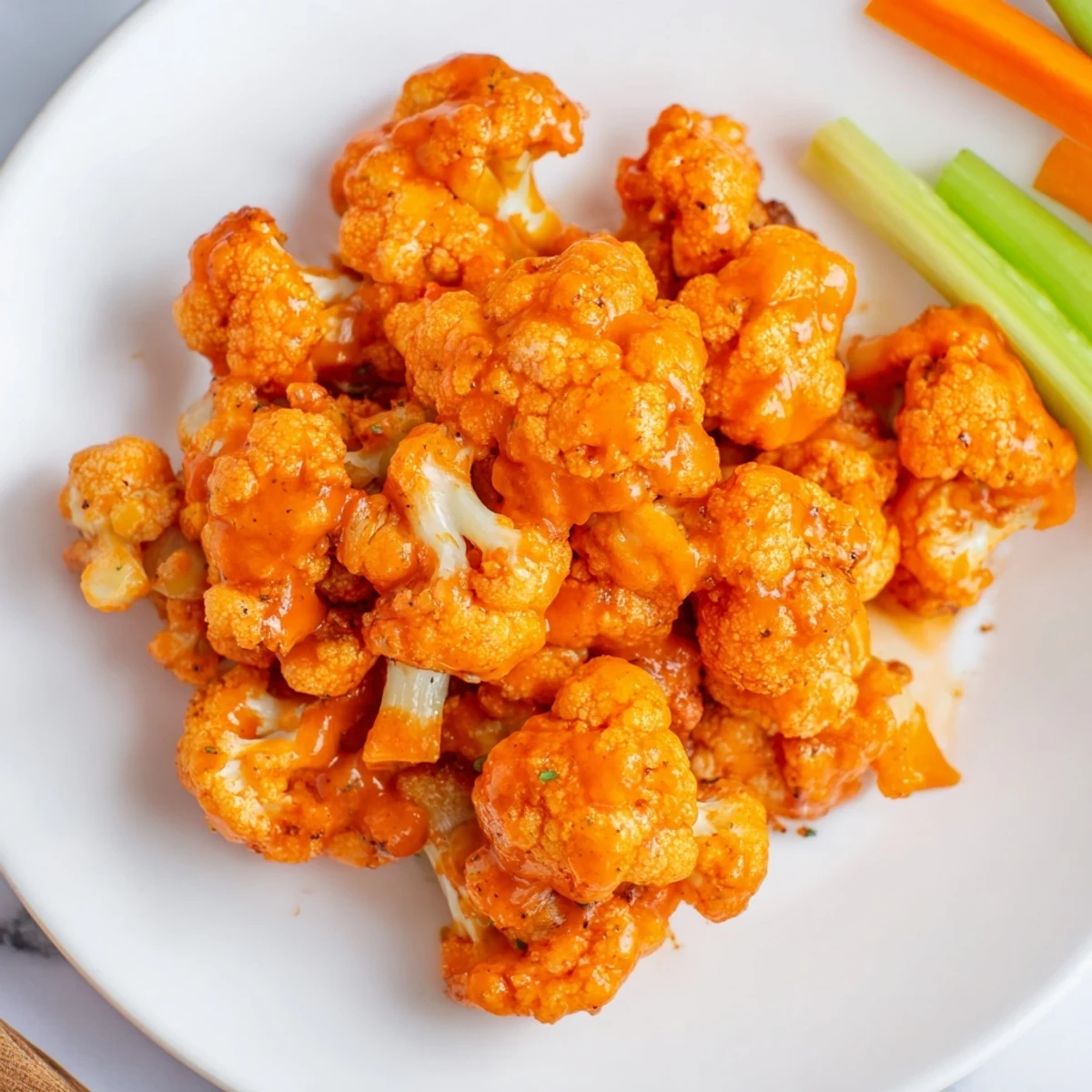 Close-up of crispy, spicy Buffalo Cauliflower Bites coated in tangy sauce, a perfect party appetizer.