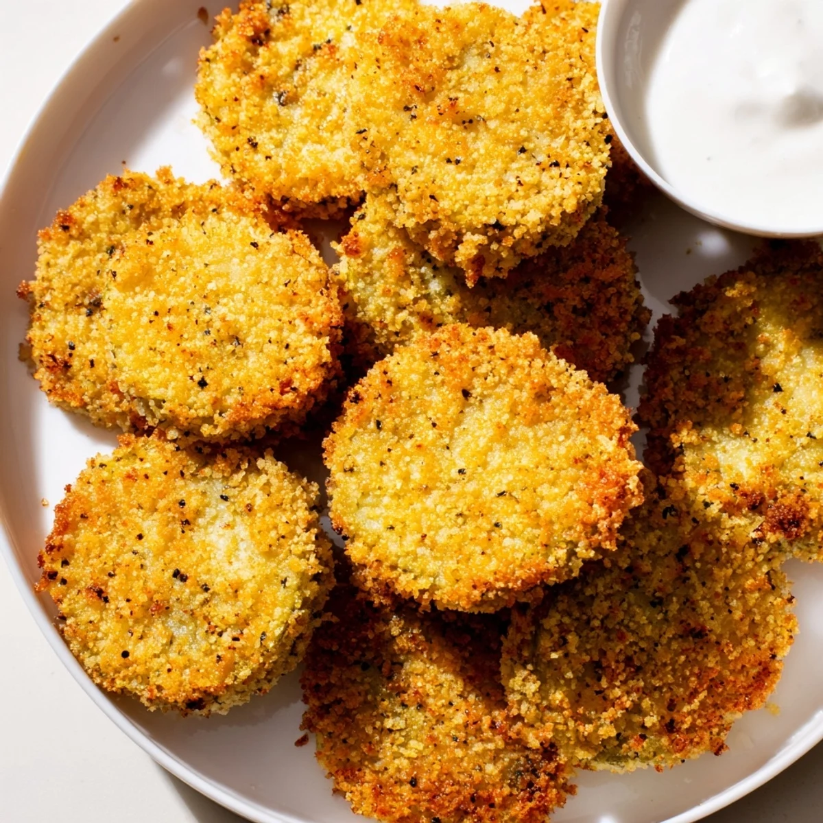 Golden-brown Crispy Fried Pickles, perfectly crunchy, served with cool ranch dressing - a delicious appetizer.