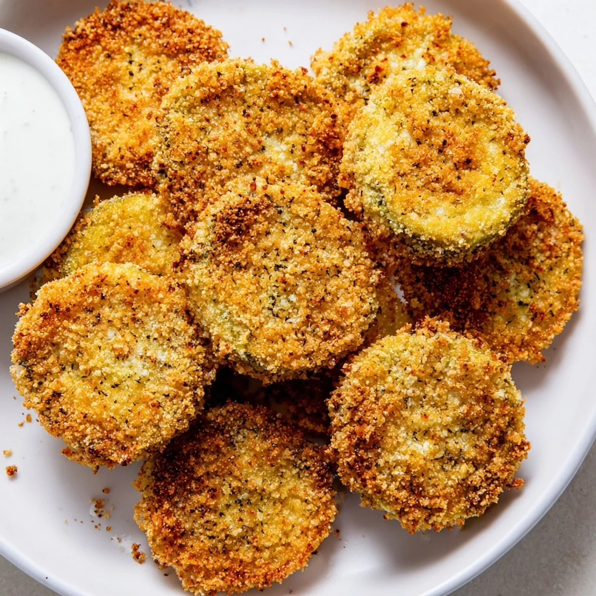 Close-up of air-fried Crispy Fried Pickles, showcasing the golden breading and juicy pickle filling ready to eat.