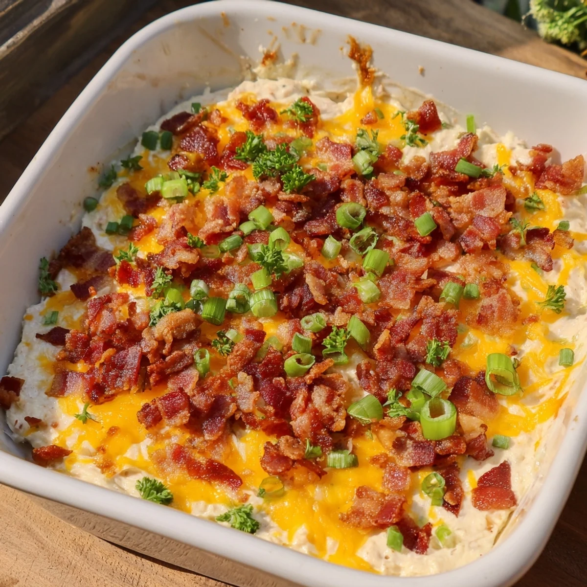 Savory Cheesy Bacon Ranch Dip, served warm with crunchy chips, offers a flavorful party snack.