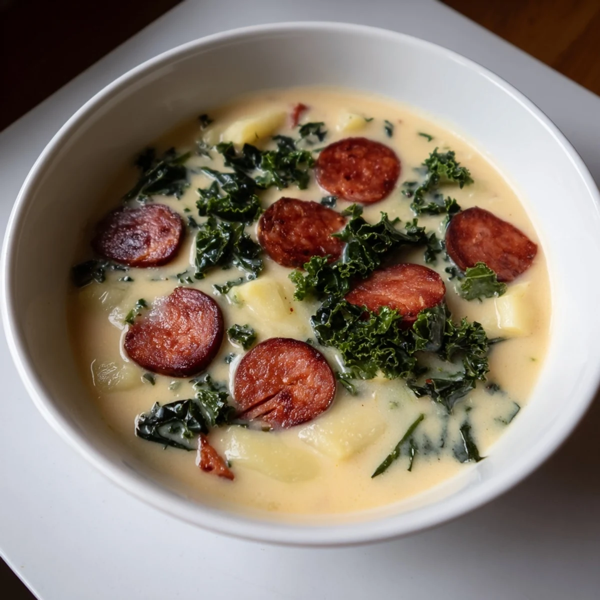 Hearty Portuguese Caldo Verde, a vibrant green soup with tender potato and flavorful chorizo, ready to serve.