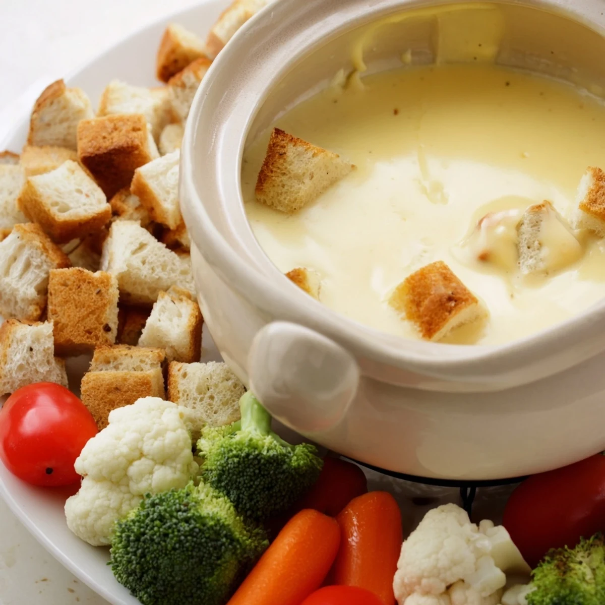 Warm, bubbling Swiss cheese fondue with crusty bread cubes, a comforting, shared meal centerpiece.