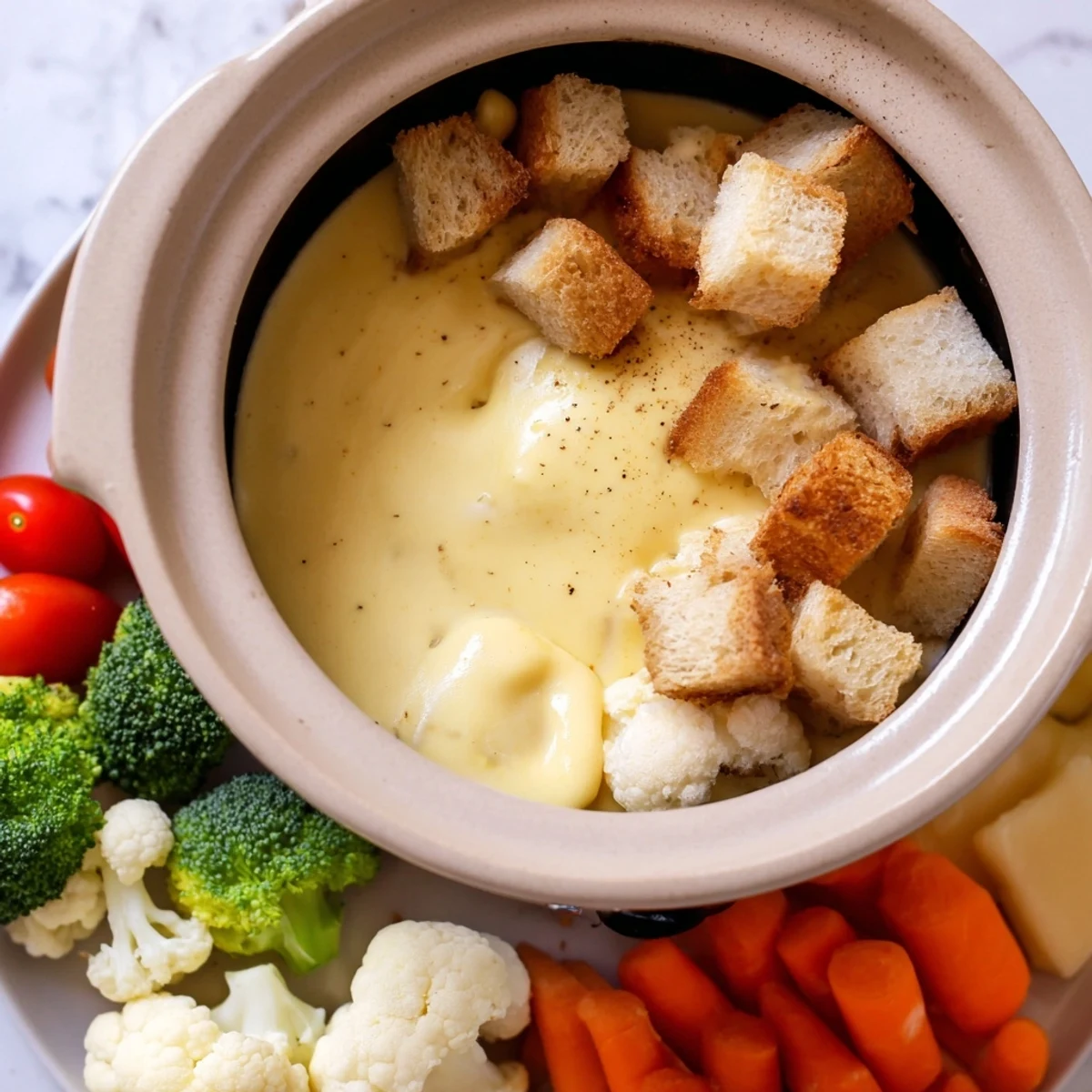 Creamy Swiss cheese fondue, rich and flavorful, ready to dip bread and vegetables into on a cold evening.