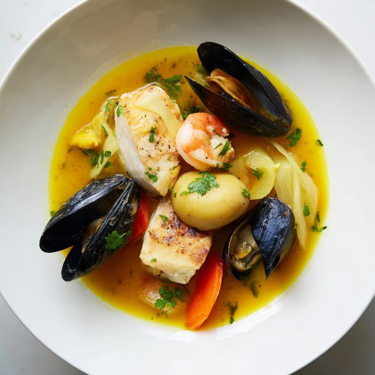 A steaming bowl of bouillabaisse with colorful fish and shellfish, ready to savor.