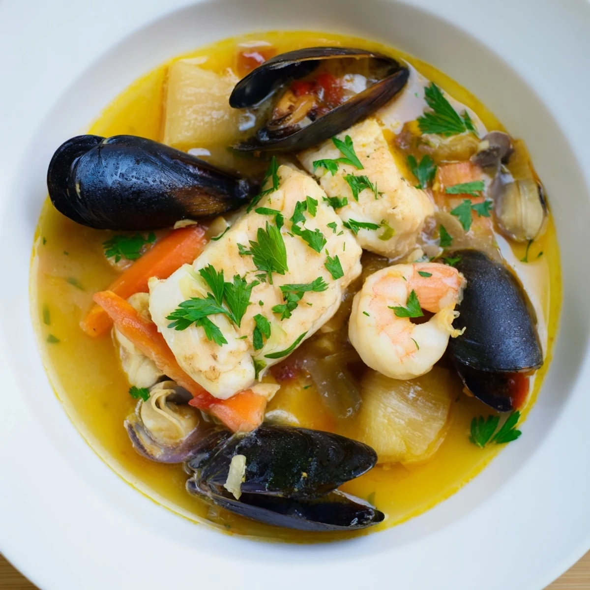 Rich, flavorful bouillabaisse, a Provençal fish stew with fragrant herbs, served with toasted bread.