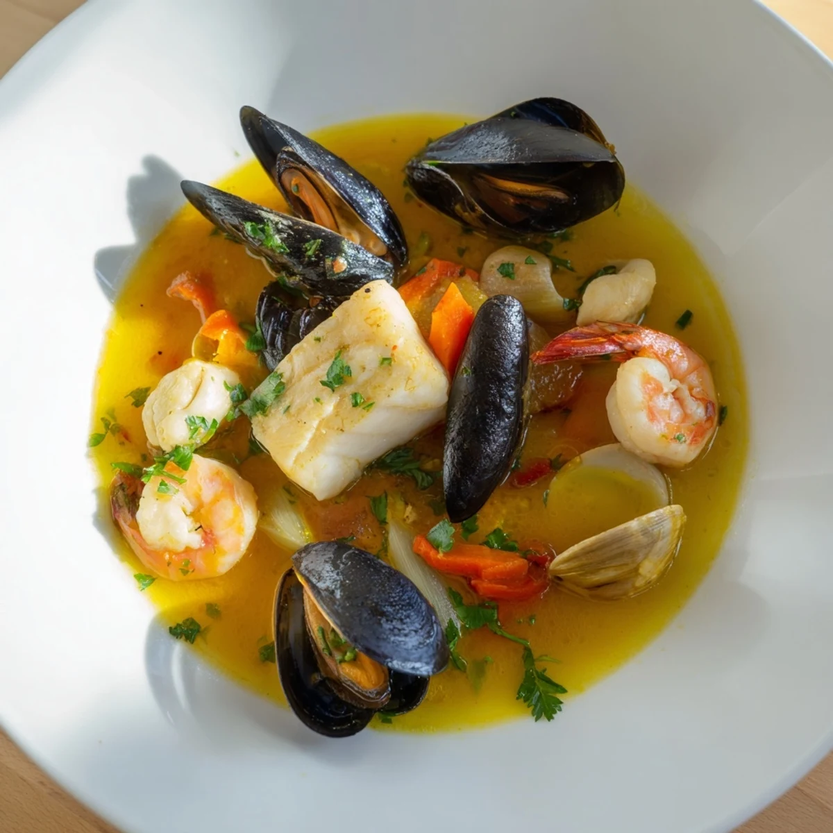 Close-up of a rustic bouillabaisse, highlighting the fresh seafood and flavorful broth beautifully.