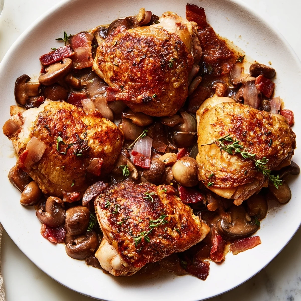 Delicious Coq au Vin, a French classic with braised chicken and savory mushrooms, perfect for dinner.