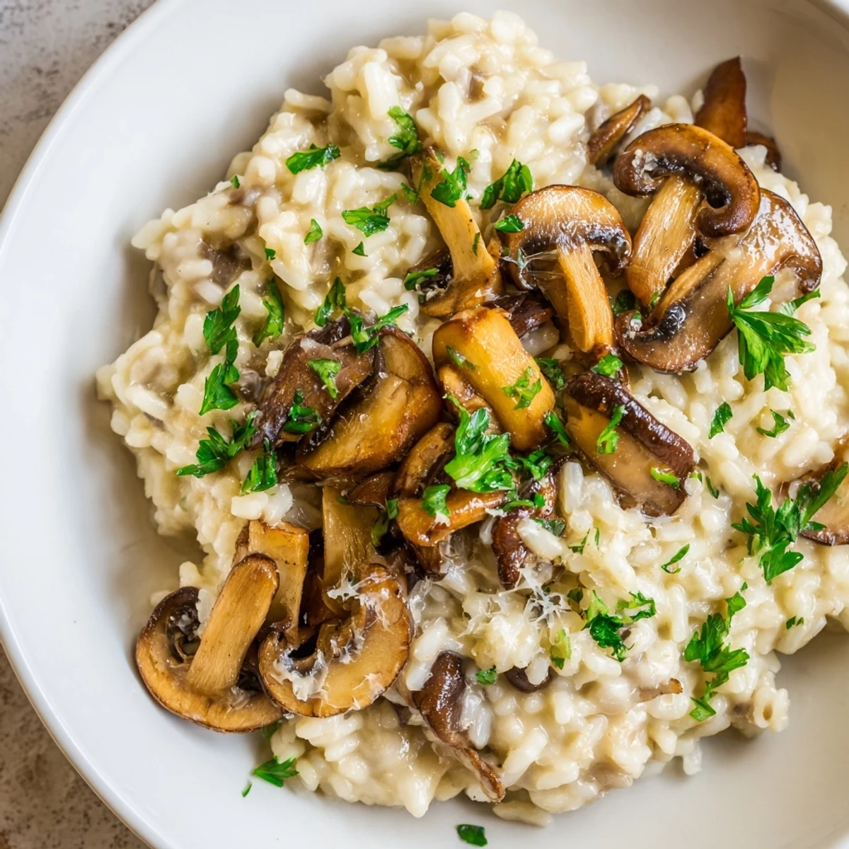 Golden mushroom risotto, creamy and savory, topped with fresh parsley and Parmesan cheese.