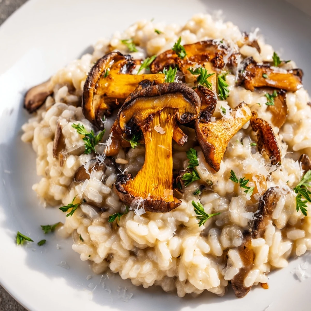 Steaming bowl of delicious Italian mushroom risotto, fragrant and brimming with wild mushrooms.