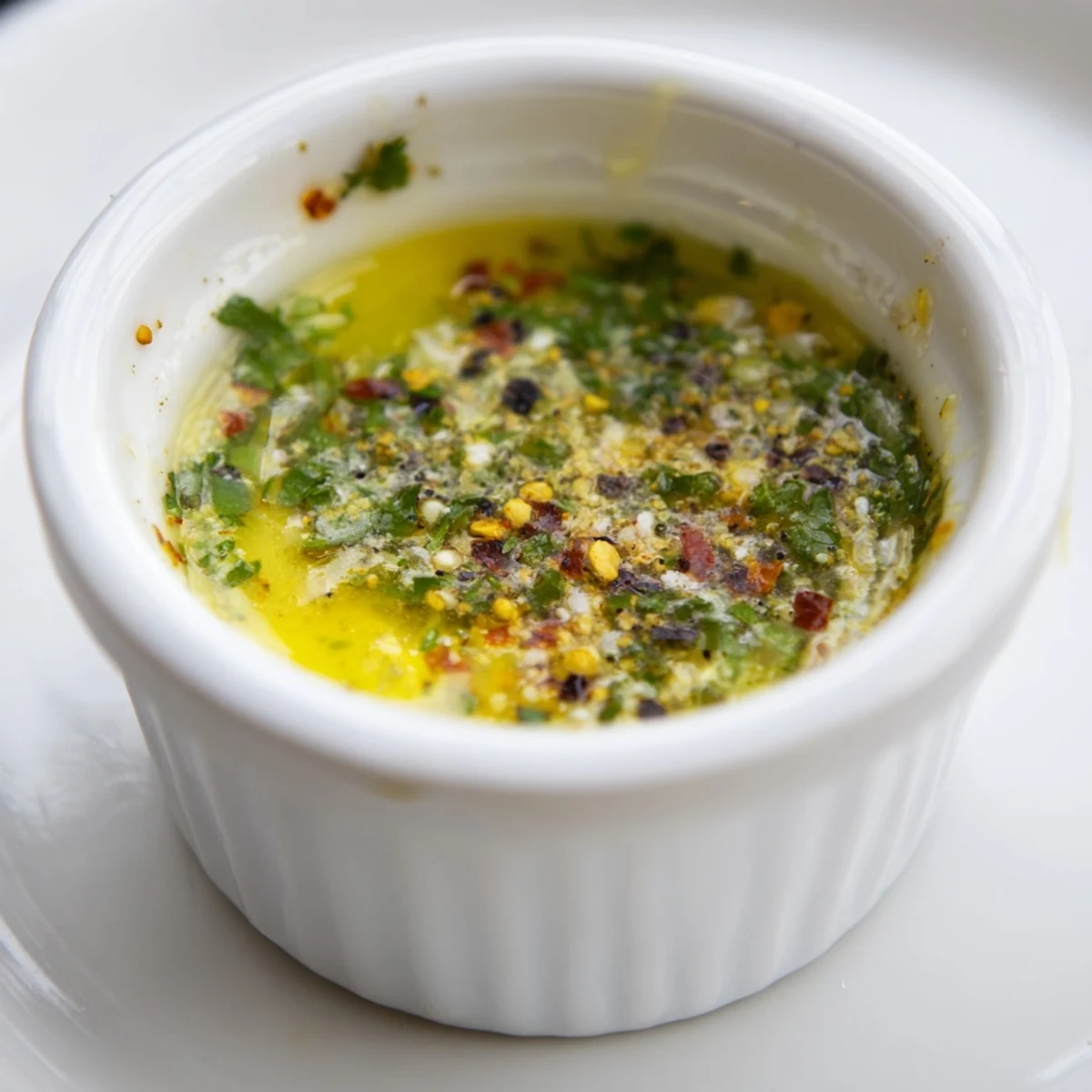 Golden Cowboy Butter Sauce in a white bowl, surrounded by lemon wedges and crusty bread for dipping.  