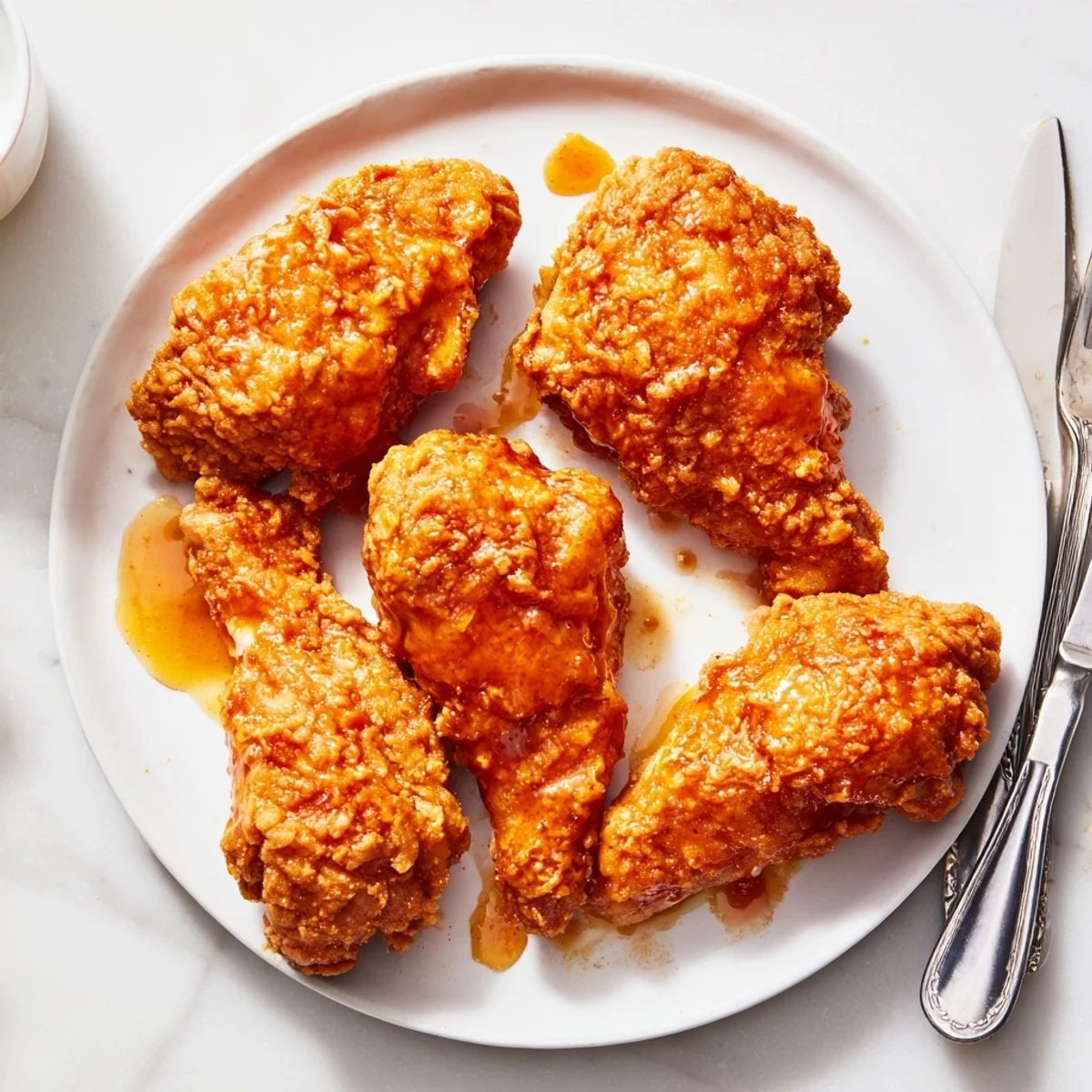 Golden-brown fried Hot Honey Butter Chicken is drizzled with glossy, warm honey butter sauce on a dinner plate, ready to serve.