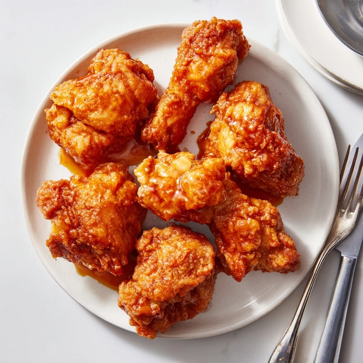 A fork pierces tender fried Hot Honey Butter Chicken, revealing juicy interior while sticky, amber sauce drips generously from the morsel.