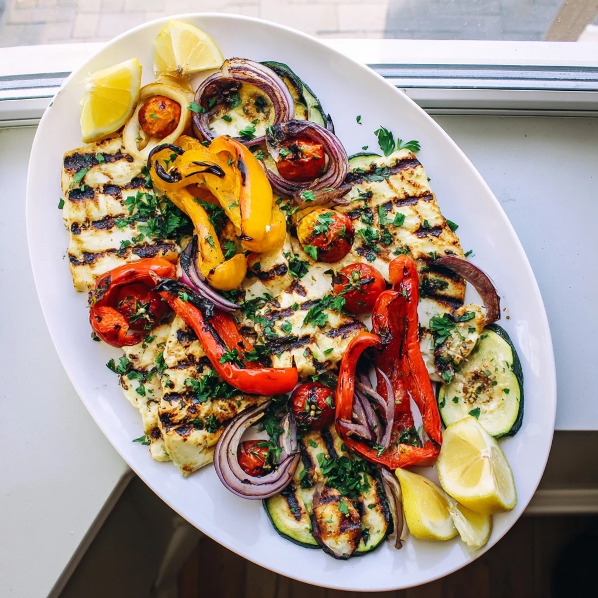 A close-up of juicy grilled halloumi steaks, cherry tomatoes, and fresh parsley garnish for a Mediterranean-inspired main dish.