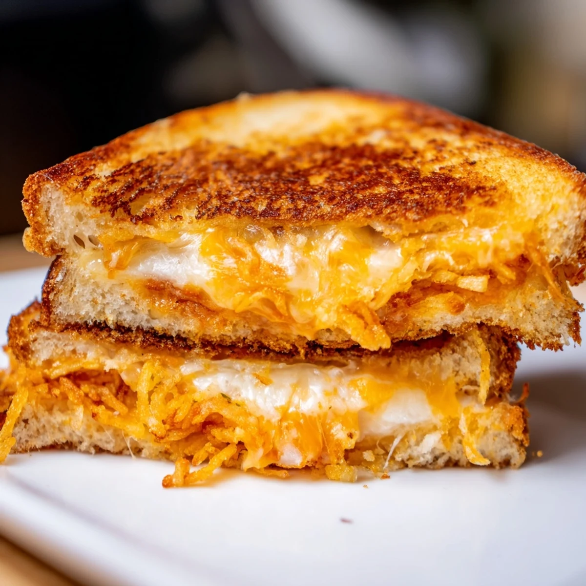 Golden toasted sourdough slices sandwiching melted cheddar and mozzarella, topped with crispy fried onions for a savory crunch.