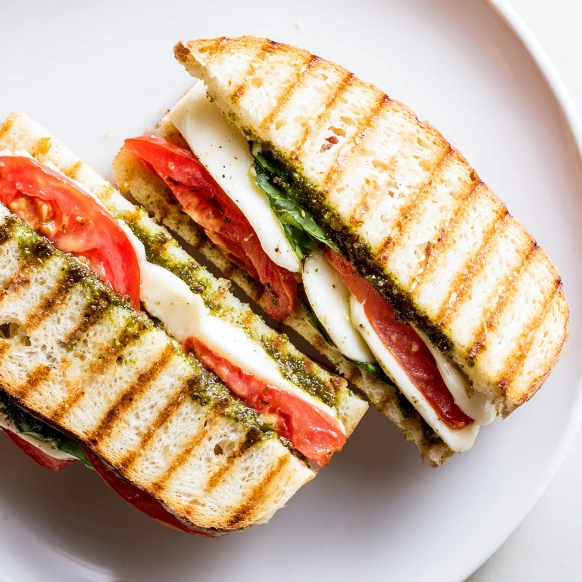 Golden, crispy Panini Press Innovations sandwich with melted mozzarella and fresh tomato slices on toasted sourdough bread.  