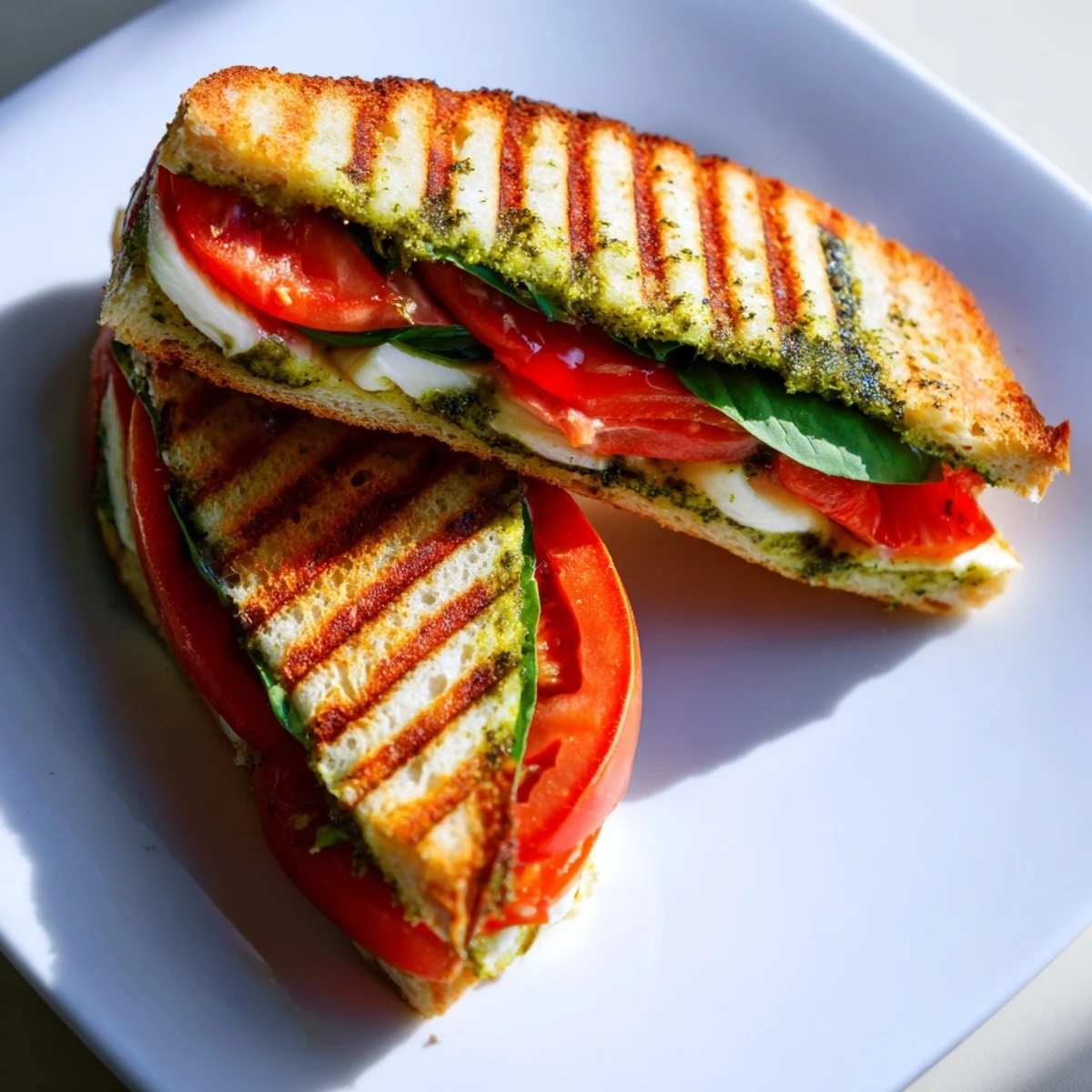 Colorful Panini Press Innovations medley of grilled eggplant, zucchini, and hummus nestled between warm, olive-oil-brushed focaccia.