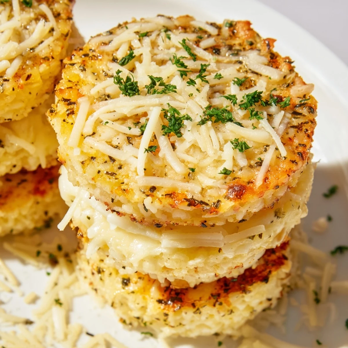 Baked Crispy Rice Cake Cheese Stacks served warm with a side of marinara for dipping.