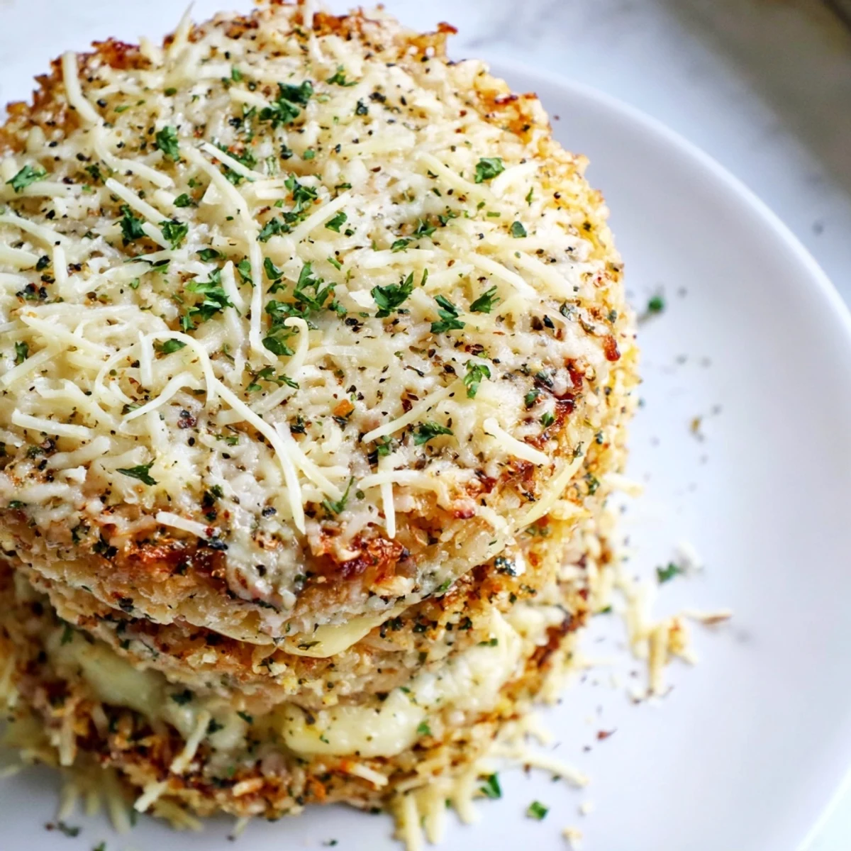 Stacked Crispy Rice Cake Cheese Stacks with melted mozzarella and parmesan on a rustic plate. 