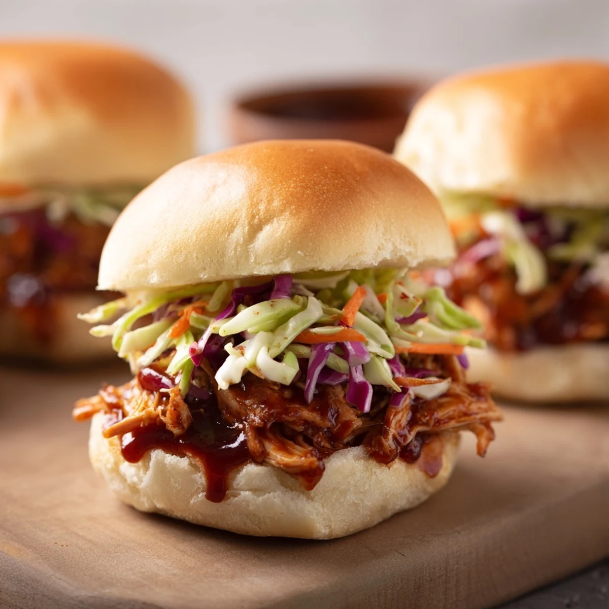 BBQ chicken sliders with crunchy slaw on fluffy buns, perfect for game day gatherings.  