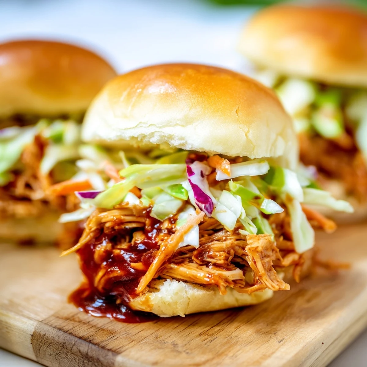 Tender pulled BBQ chicken sliders topped with crisp cabbage slaw served on soft buns.