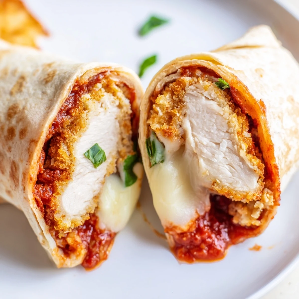 Homemade Italian-American Crispy Chicken Parm Wrap, sliced in half to reveal layers of savory fillings.