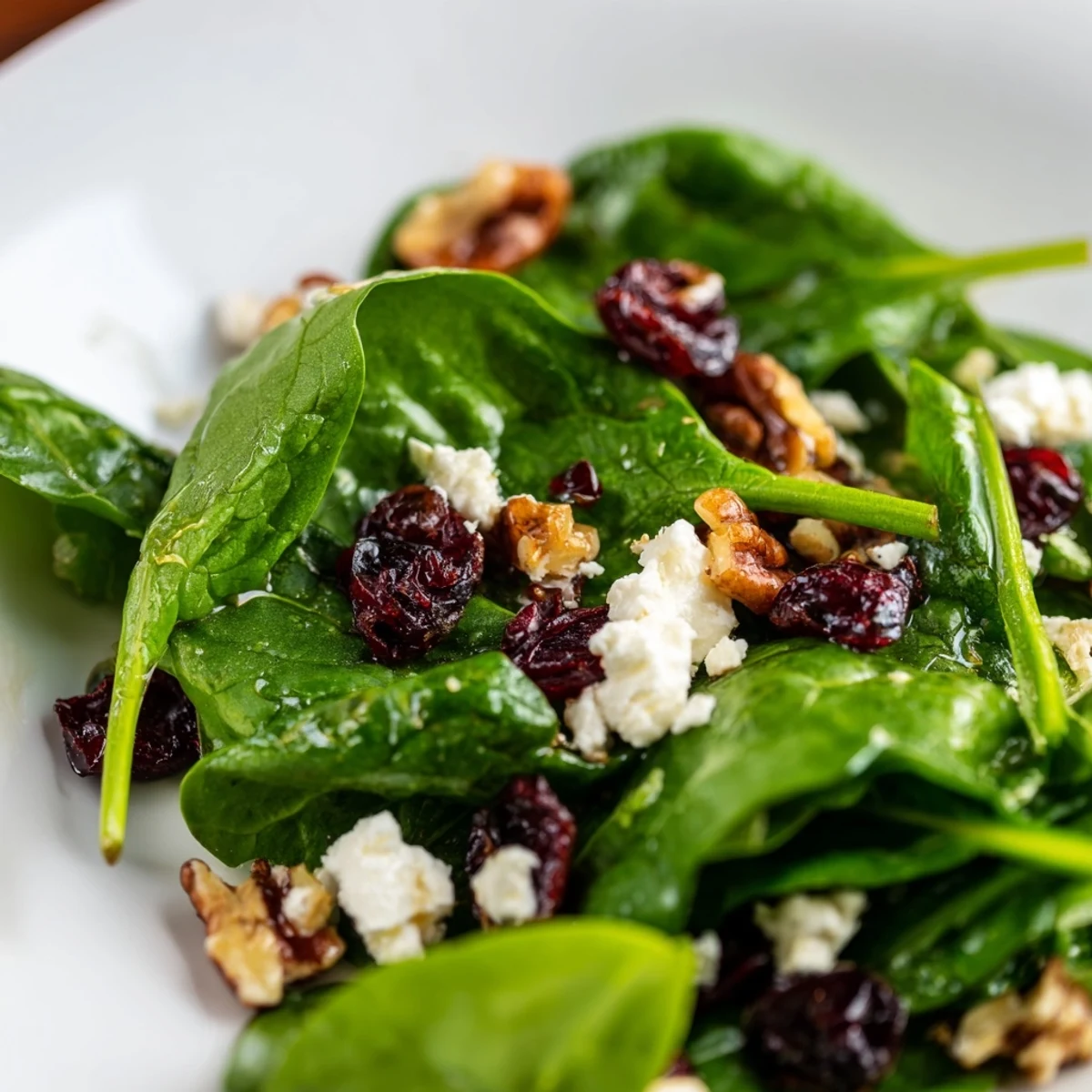 Fresh spinach, creamy goat cheese crumbles, sweet dried cranberries, and candied pecans tossed in tangy balsamic vinaigrette in a white bowl.