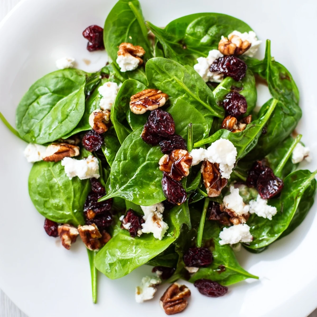 A close-up of vibrant spinach leaves, crumbled goat cheese, and chopped candied pecans, showcasing the textures of this easy salad.