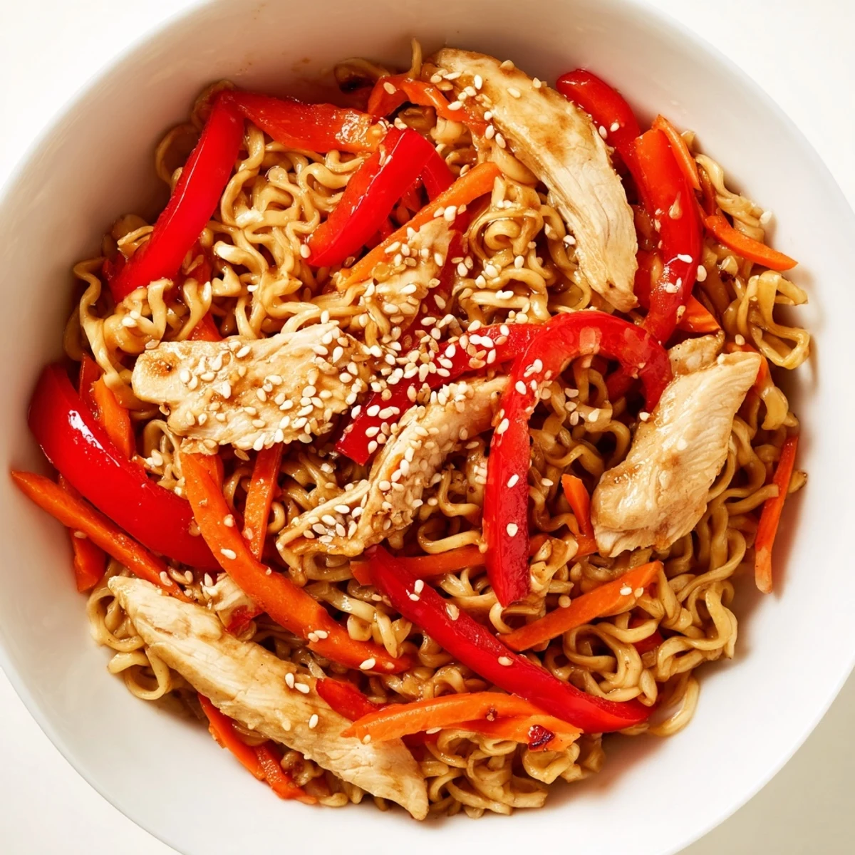 Steaming bowls of Spicy Ramen Stir-Fry feature tender chicken and colorful vegetables coated in a glossy, bold sauce.