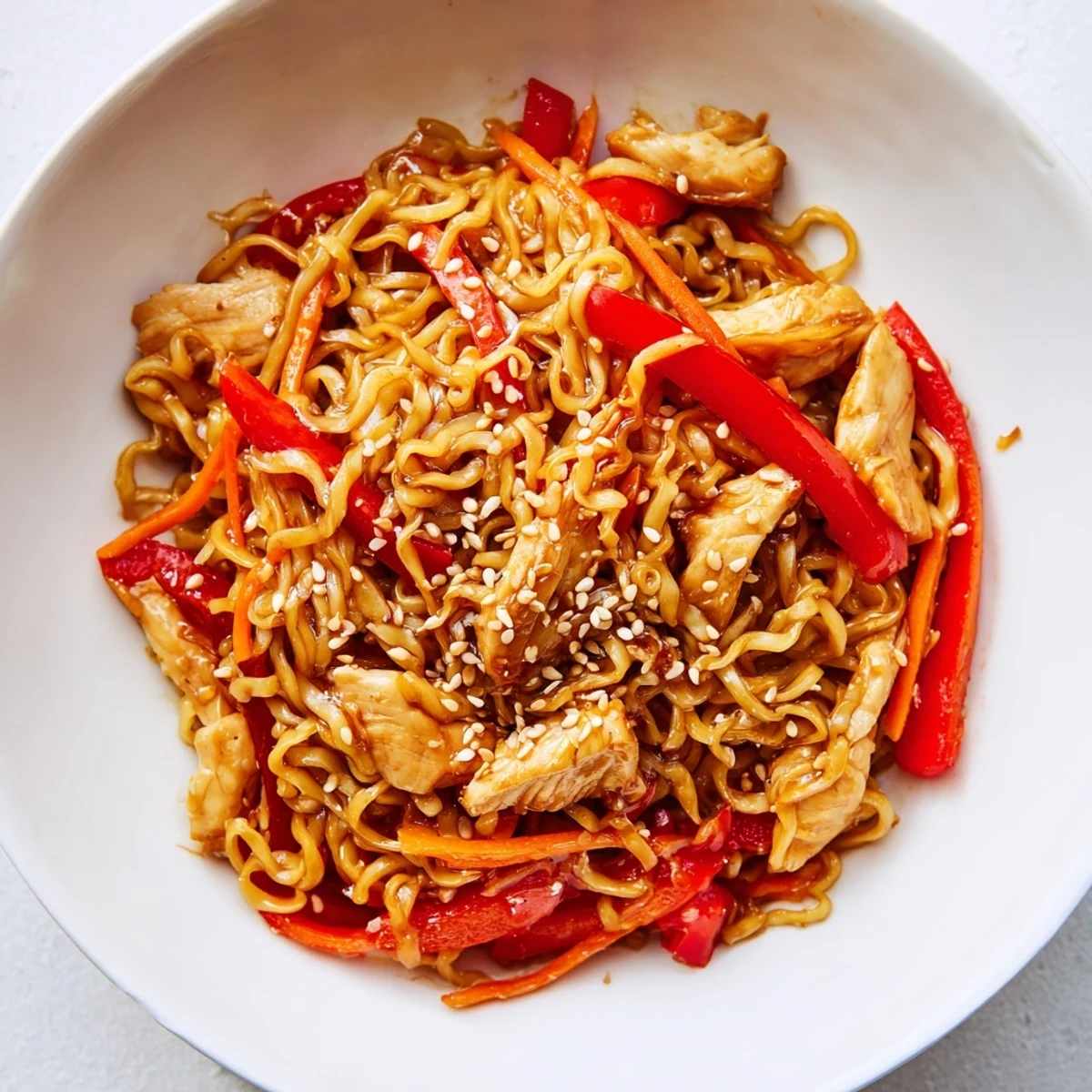 A close-up of Spicy Ramen Stir-Fry garnished with green onions and sesame seeds, ready to serve hot.