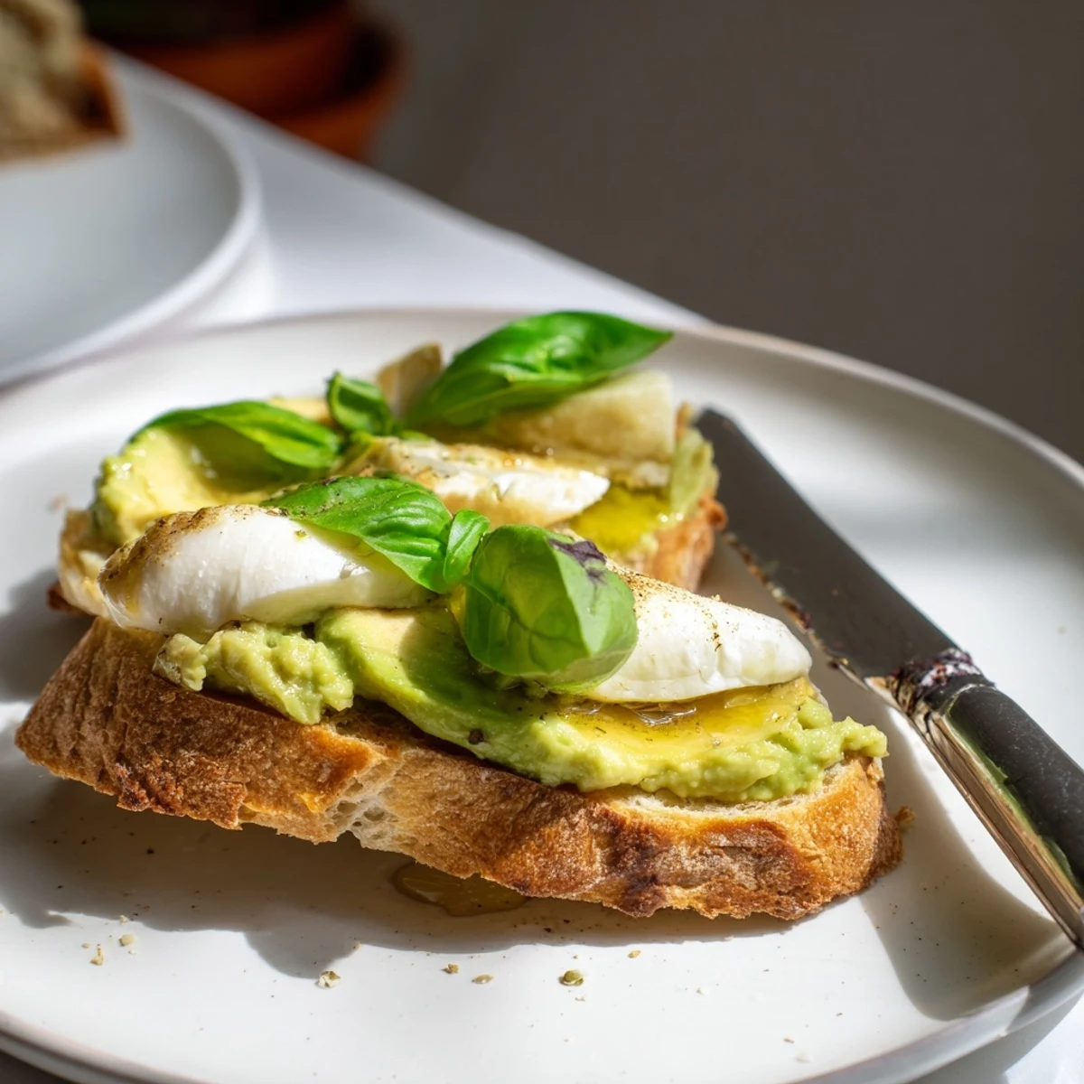 This savory Avocado Mozzarella Tartine showcases crisp toasted bread layered with bright green avocado mash and gooey, bubbling mozzarella, finished with a drizzle of olive oil.