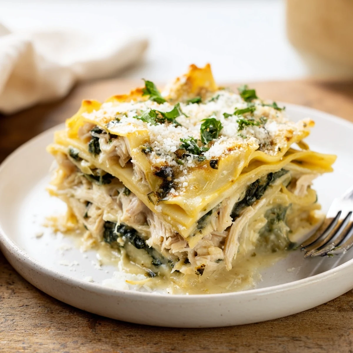Steam rises from a cheesy slice of Chicken Alfredo Lasagna, revealing layers of chicken, spinach, and pasta.