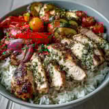 Colorful roasted vegetables surround tender chicken on white rice, showcasing the vibrant Lemon Herb Roasted Chicken Bowl with lemon zest.