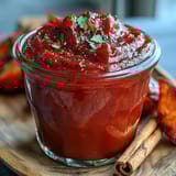 Homemade guava barbecue sauce simmering in a saucepan with aromatics and spices.